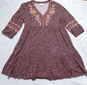 J Jill Sonoma Embroidered Ditsy Floral Dark Fig Swing Dress Boho Babydoll Sz SP